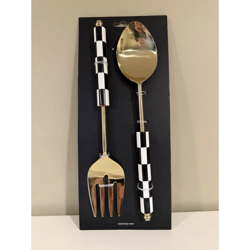 Black & White Checkered Salad Server Set Serving Spoon‎ Fork Gold Tone Makenzie